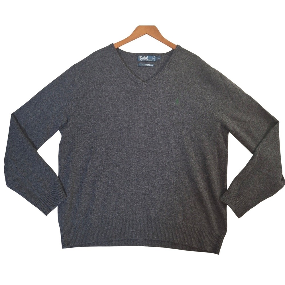Polo Ralph Lauren Mens XXL Gray Lambswool V-Neck Sweater Italian Yarn Pullover